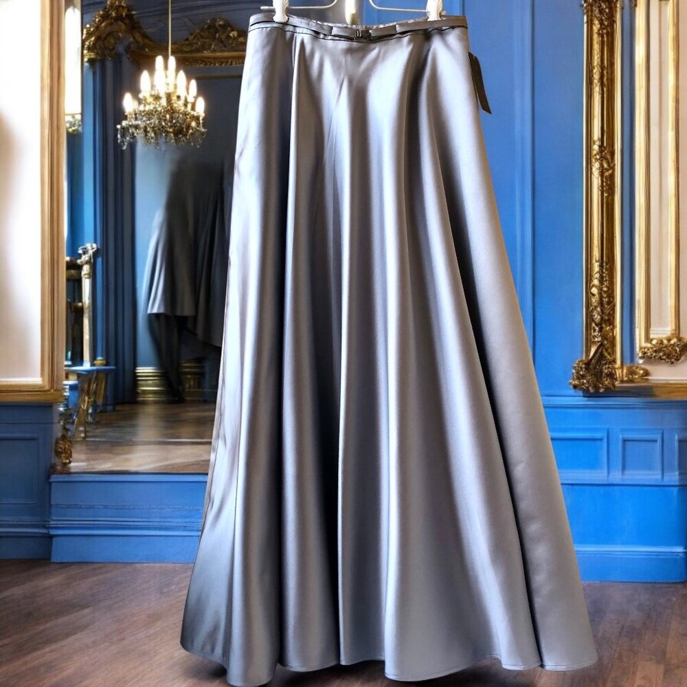 VTG 80s Ralph Lauren Silver Satin Full Maxi Skirt Lined Long A-Line Formal Ball